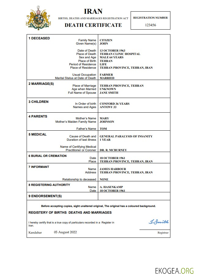 Modèle Word et PDF de certificat de décès en Iran